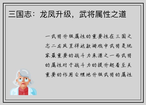 三国志：龙凤升级，武将属性之道